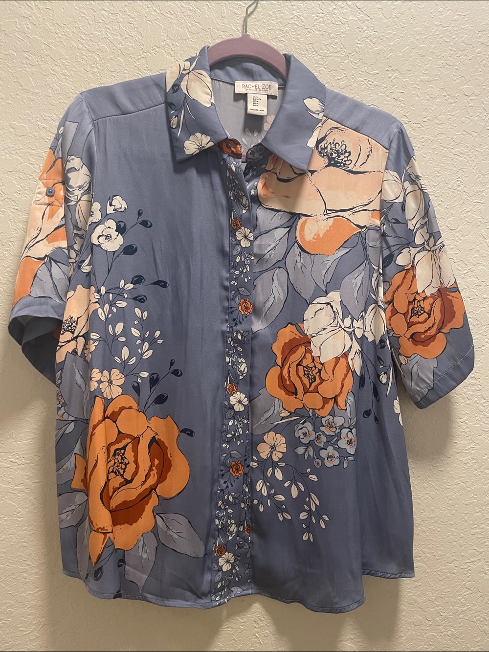 Rachel Zoe Blue Short-Sleeve Button-Down Shirt with Orange Floral Print
